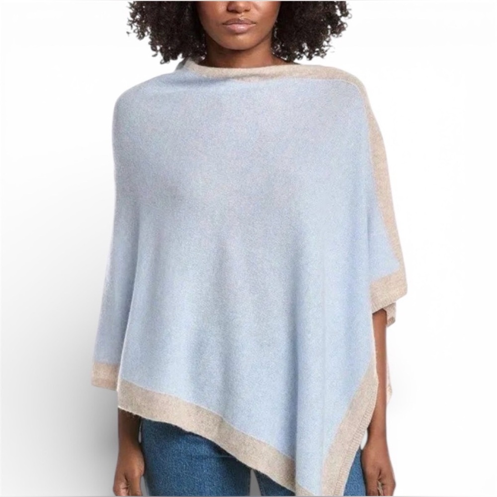 Forte Cashmere Asymmetrical Sky Blue Poncho w/ Beige Trim - ONE SIZE FITS ALL